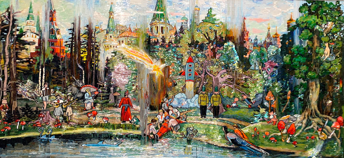 Владимир Григ. "Лето. Москва". Из серии "Четыре сезона". 2021. Холст, акрил, стеклярус, мозаика. Источник https://dzen.ru/a/aPD-jD75fxTylf6C