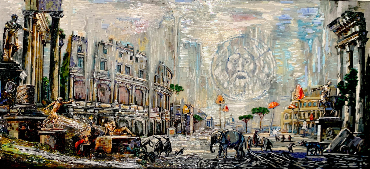 Владимир Григ. "Осень .Рим". Из серии "Четыре сезона",  2022. Холст, акрил, стеклярус, мозаика. Источник https://dzen.ru/a/aPD-jD75fxTylf6C