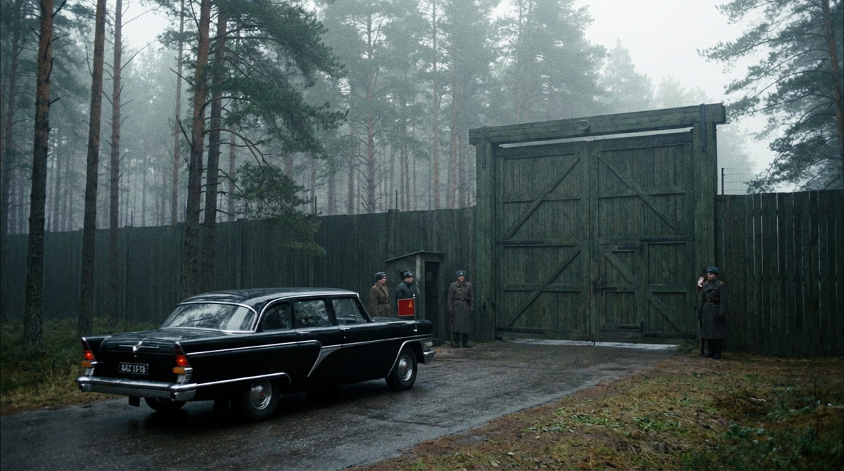  Черная правительственная «Чайка» въезжает в ворота глухого зеленого забора посреди густого леса