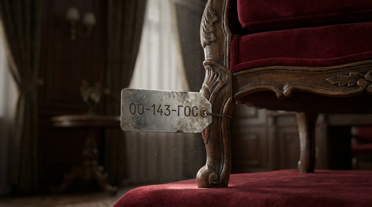  Роскошный антикварный стул с крупным планом на инвентарную бирку.