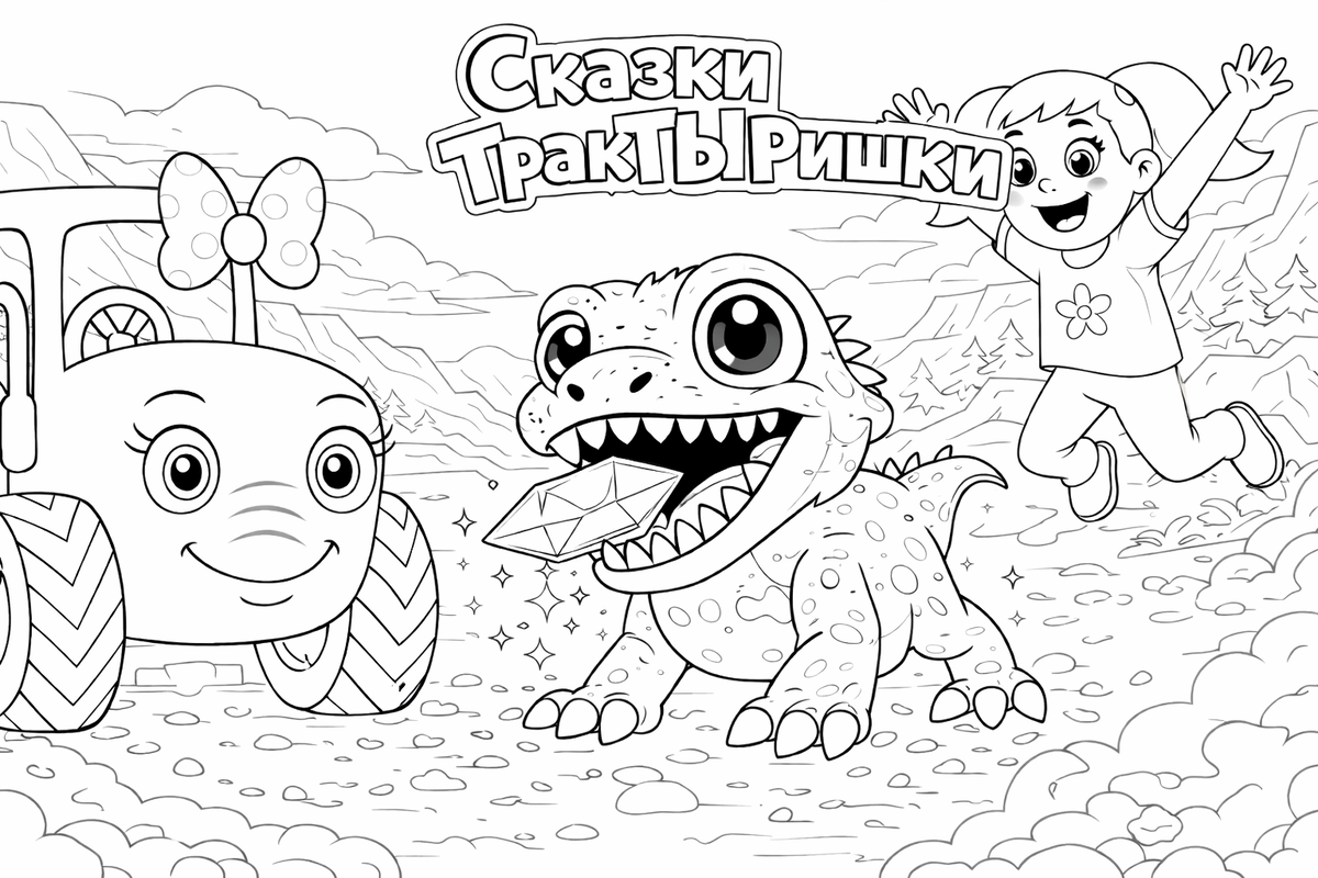 Динозаврик нашёл волшебный кристалл — раскраска Сказки ТракТЫРишкИ