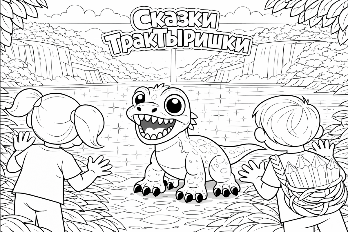 Маша и Миша и Шустрик идут за фиолетовым светом волшебного кристалла — раскраска Сказки ТракТЫРишкИ