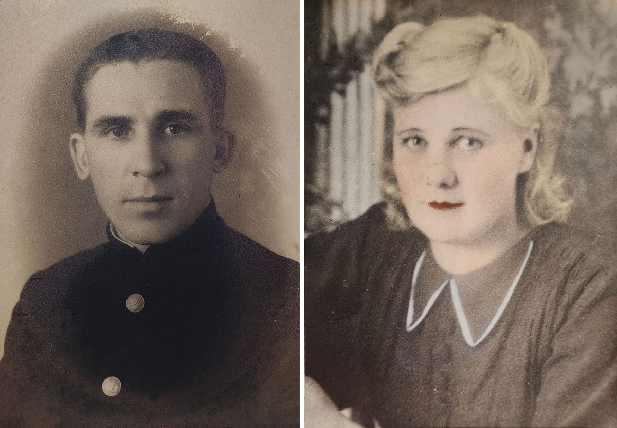 Василий Иванович Рюмин, зажигавший маяк на куполе церкви в Крохино. Антонина Александровна Рюмина (Зайкова), его супруга, учительница начальной школы. Фото из архива их сына Владимира Васильевича Рюмина (Белозерск)