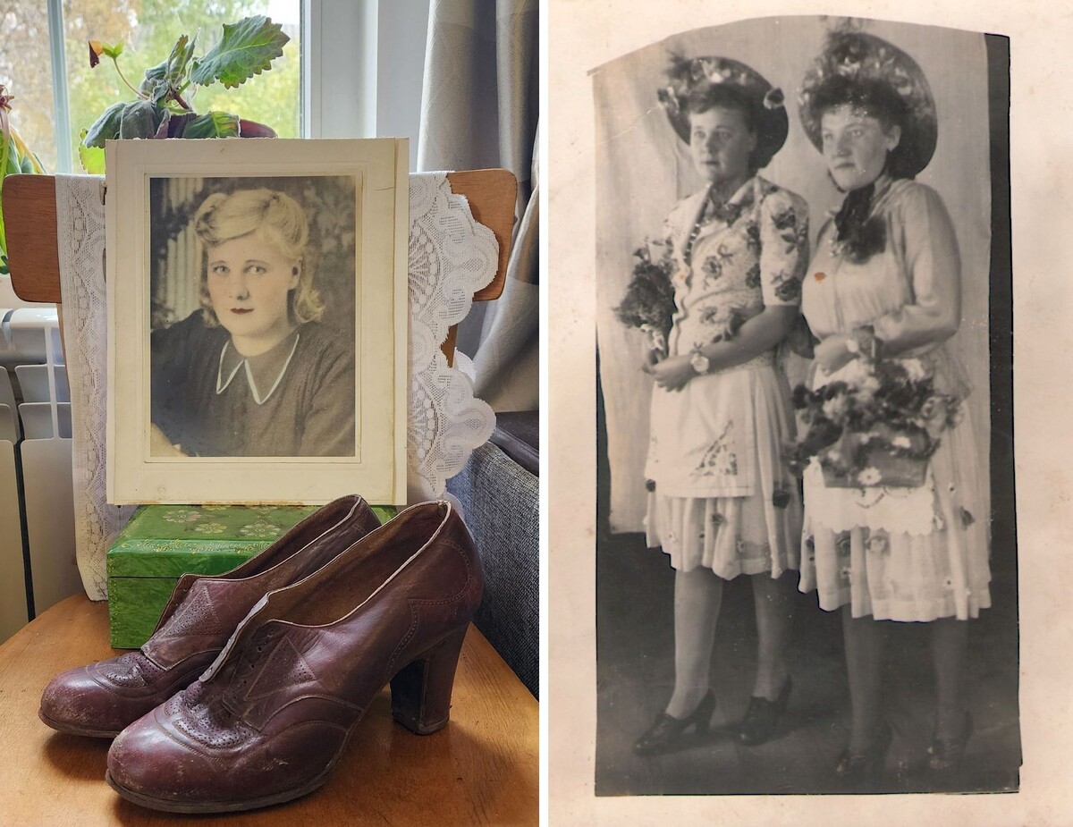 Туфли А. А. Рюминой, переданные в дар Фонду «Крохино». А.А. Рюмина с подругой в костюмах цветочниц и похожих туфлях на маскараде в январе 1948 года. Фото из архива В.В. Рюмина