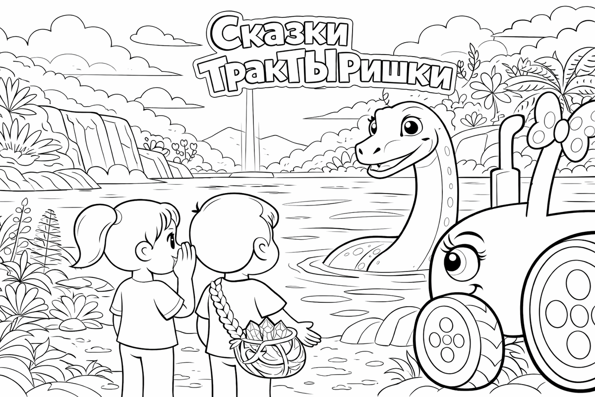 Маша и Миша знакомятся с плезиозавром у озера — раскраска Сказки ТракТЫРишкИ