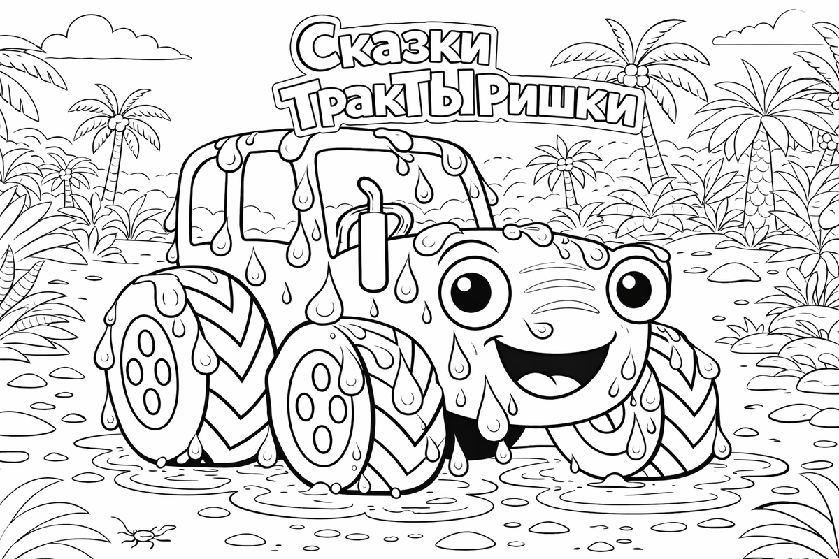 Тыр Тыр попал под тропический дождь — весёлая раскраска Сказки ТракТЫРишкИ