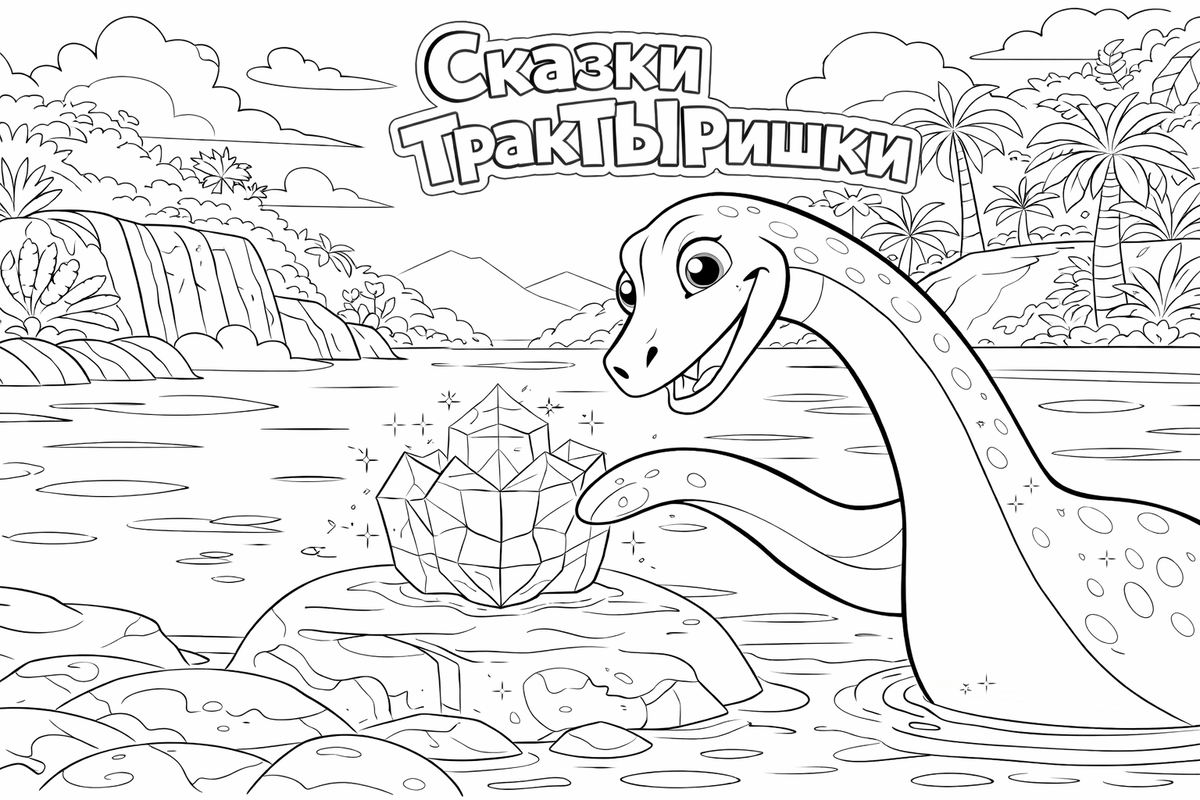 Плезиозавр нашёл волшебные кристаллы — раскраска Сказки ТракТЫРишкИ