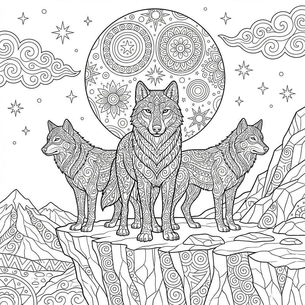 Раскраска антистресс три волка