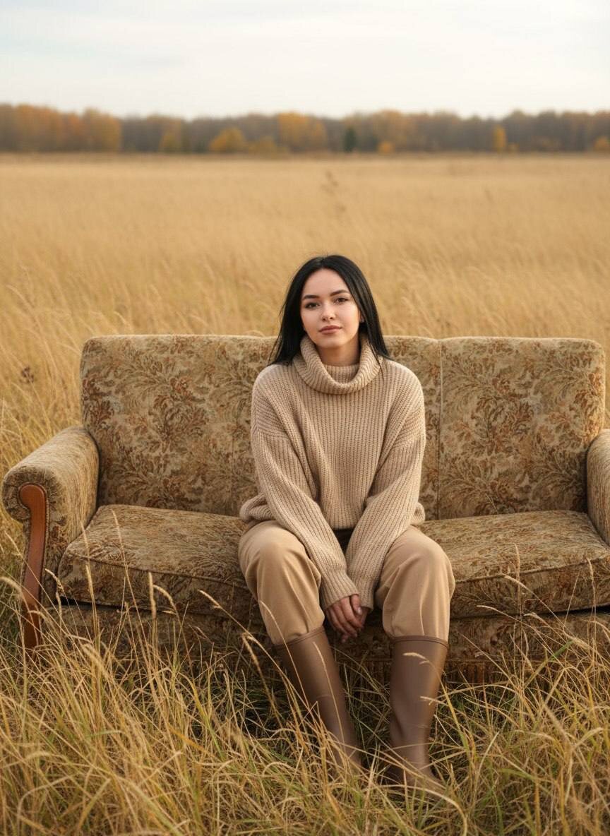 Девушка сидит на диване в поле — www.promtyi.com