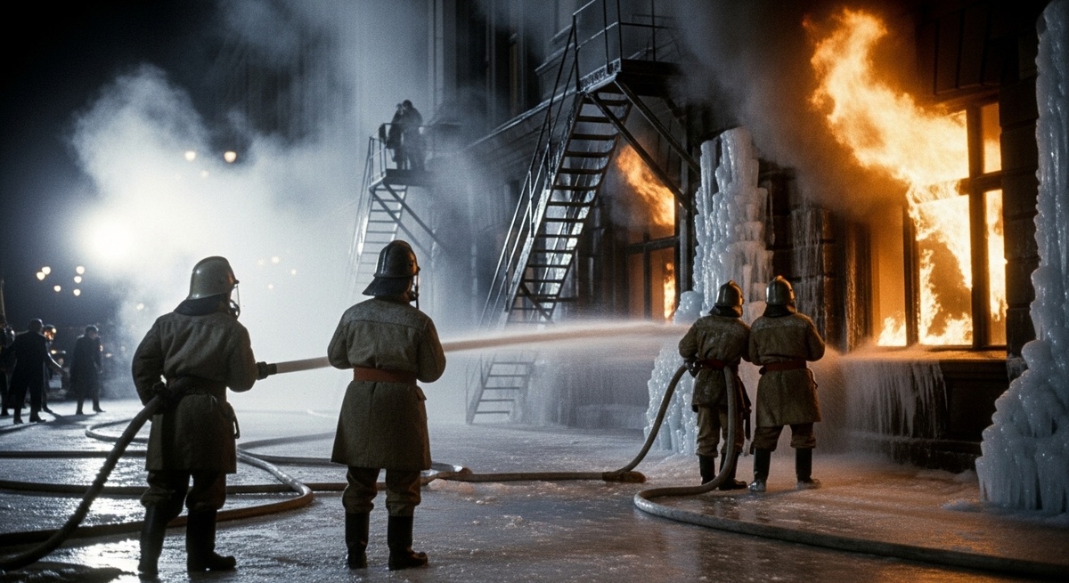 Мороз был таким сильным, что вода замерзала в рукавах, а пожарные превращались в ледяные глыбы. Чтобы они могли двигаться, их приходилось обливать горячей водой или отбивать лед ломами