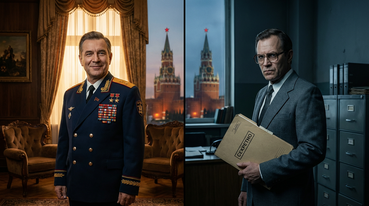 Слева министр МВД в парадной форме, справа глава КГБ с папкой документов на фоне Кремля.