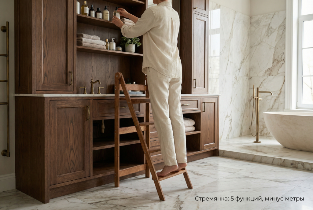    Стильная стремянка выполняет функцию полки и элемента декора ecomebel