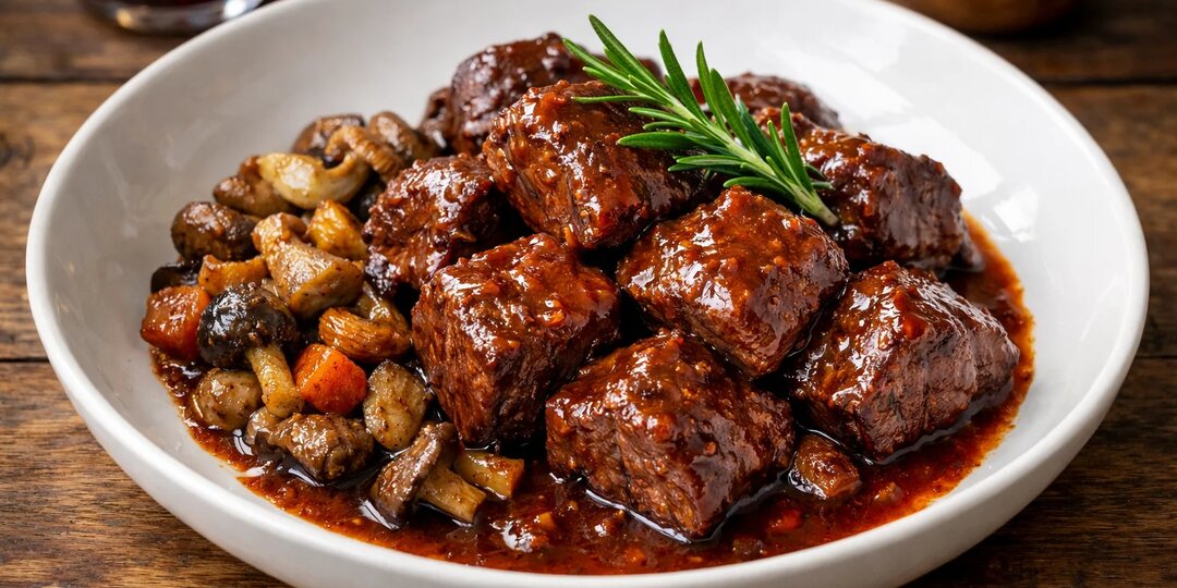 Голень оленя томлёная в красном вине с лесными грибами