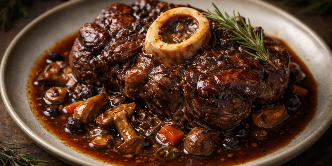 Оссобуко из лосятины с лесными грибами и можжевельником