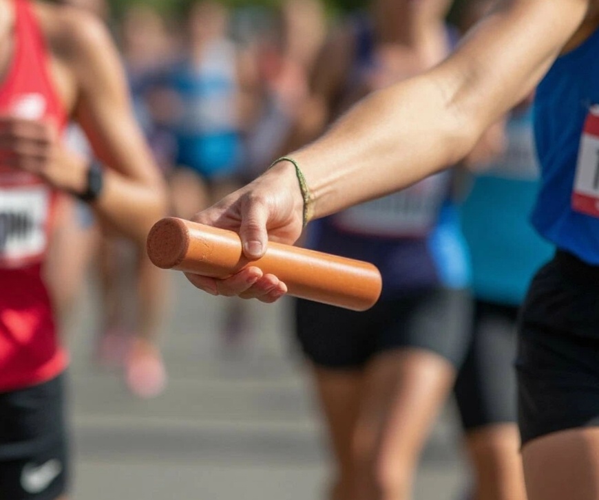 Фото сгенерировано мной. Передача эстафетной палочки во время забега. 