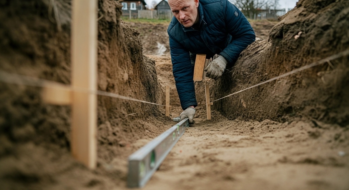 Подготовка траншеи под фундамент из блоков ФБС осенью.
