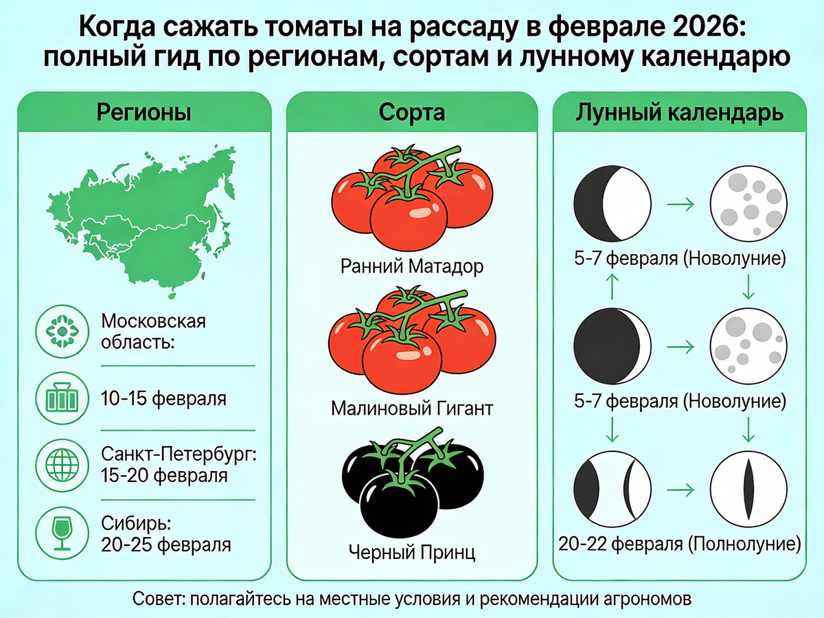 Когда сажать томаты на рассаду в феврале 2026: полный гид по регионам, сортам и лунному календарю