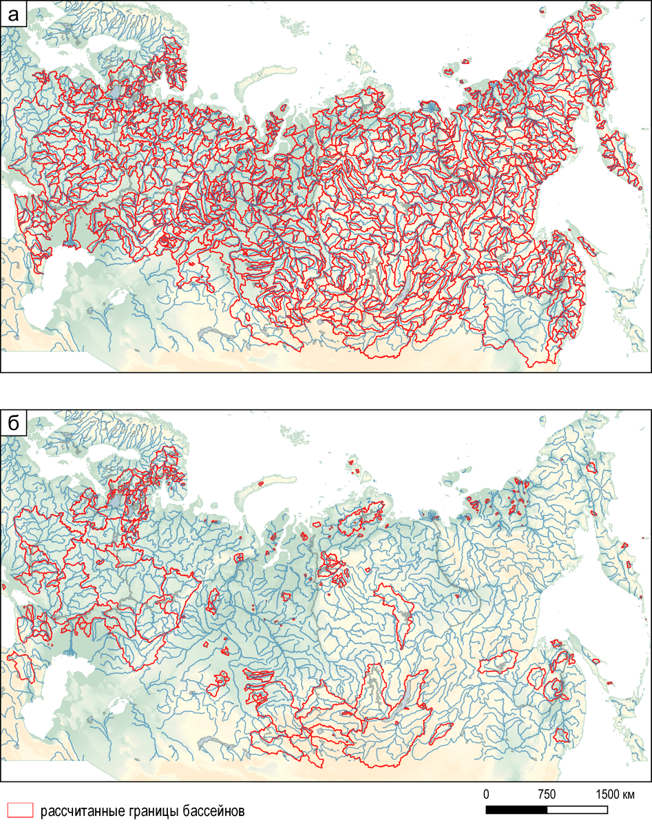 Водосборные бассейны крупнейших рек (а), озёр и водохранилищ (б), рассчитанные автоматически по цифровой модели рельефа (ЦМР)