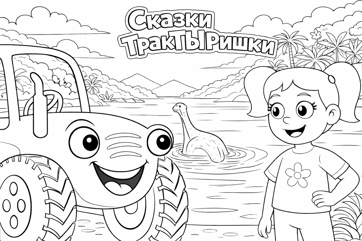 Маша, Тыр Тыр и плезиозавр прощаются у озера — раскраска Сказки ТракТЫРишкИ