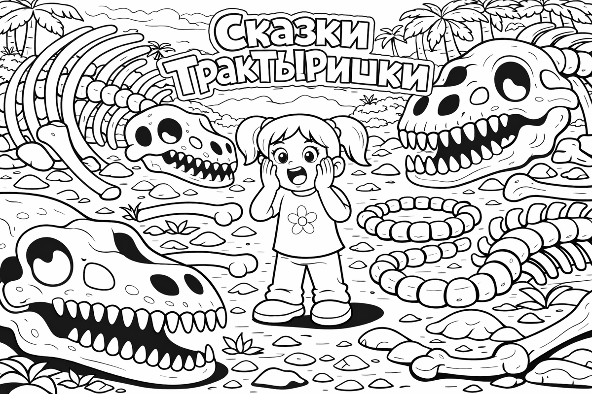 Маша исследует кладбище динозавров в древнем мире — раскраска Сказки ТракТЫРишкИ