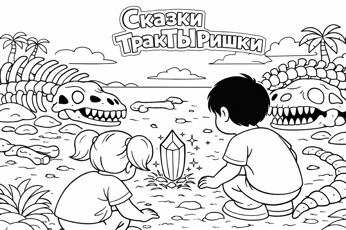 Маша и Миша находят загадочный кристалл в мире динозавров — раскраска Сказки ТракТЫРишкИ