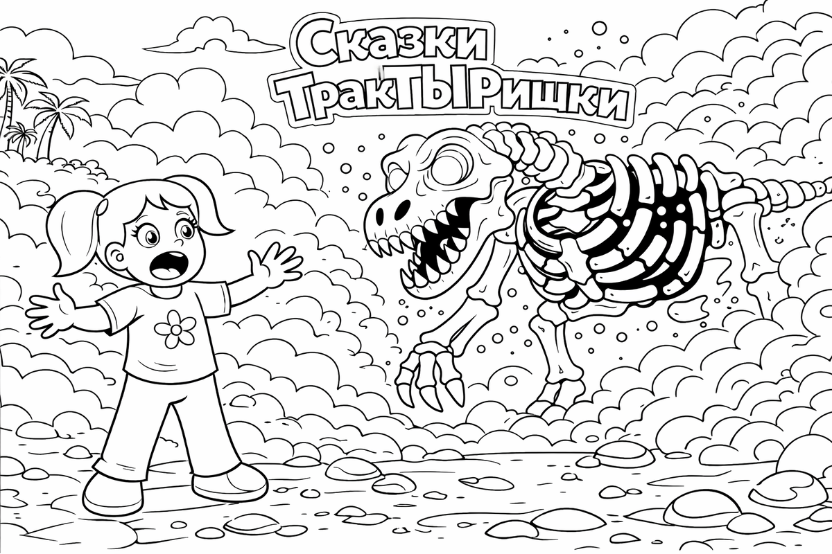 Маша сталкивается с пугающей находкой в мире динозавров — раскраска Сказки ТракТЫРишкИ