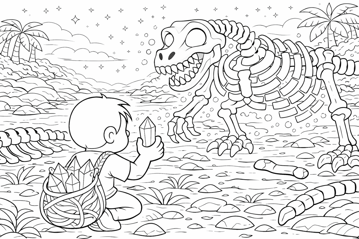 Миша держит волшебный кристалл перед скелетом динозавра — раскраска Сказки ТракТЫРишкИ