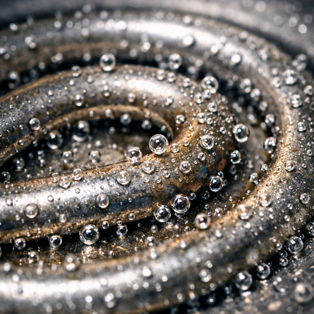  Макросъемка дна чайника в момент формирования первых микроскопических пузырьков пара на нагревательном элементе