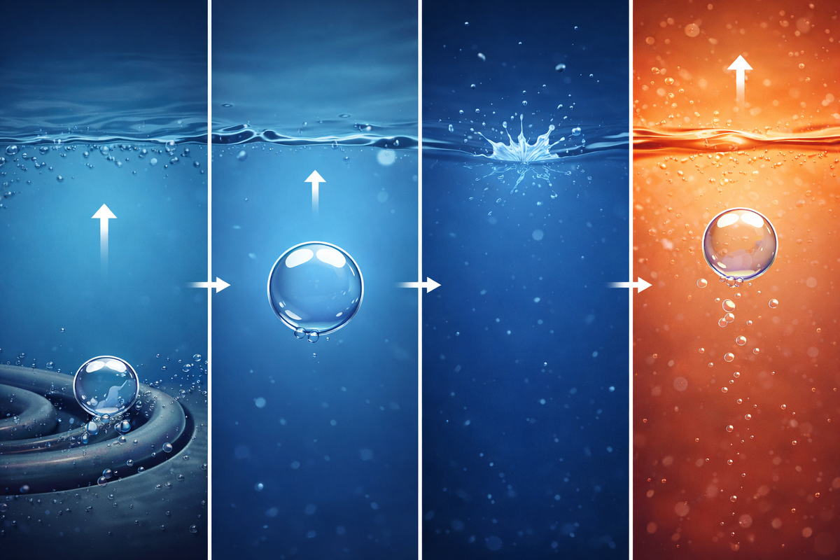 Схематичная анимация пути пузырька от дна к поверхности: рост, отрыв, резкое схлопывание в холодной воде и, наконец, беспрепятственный подъем в горячей.