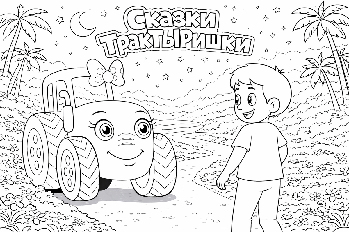 Миша и Ляля идут по вечерней дороге под звёздным небом — раскраска Сказки ТракТЫРишкИ