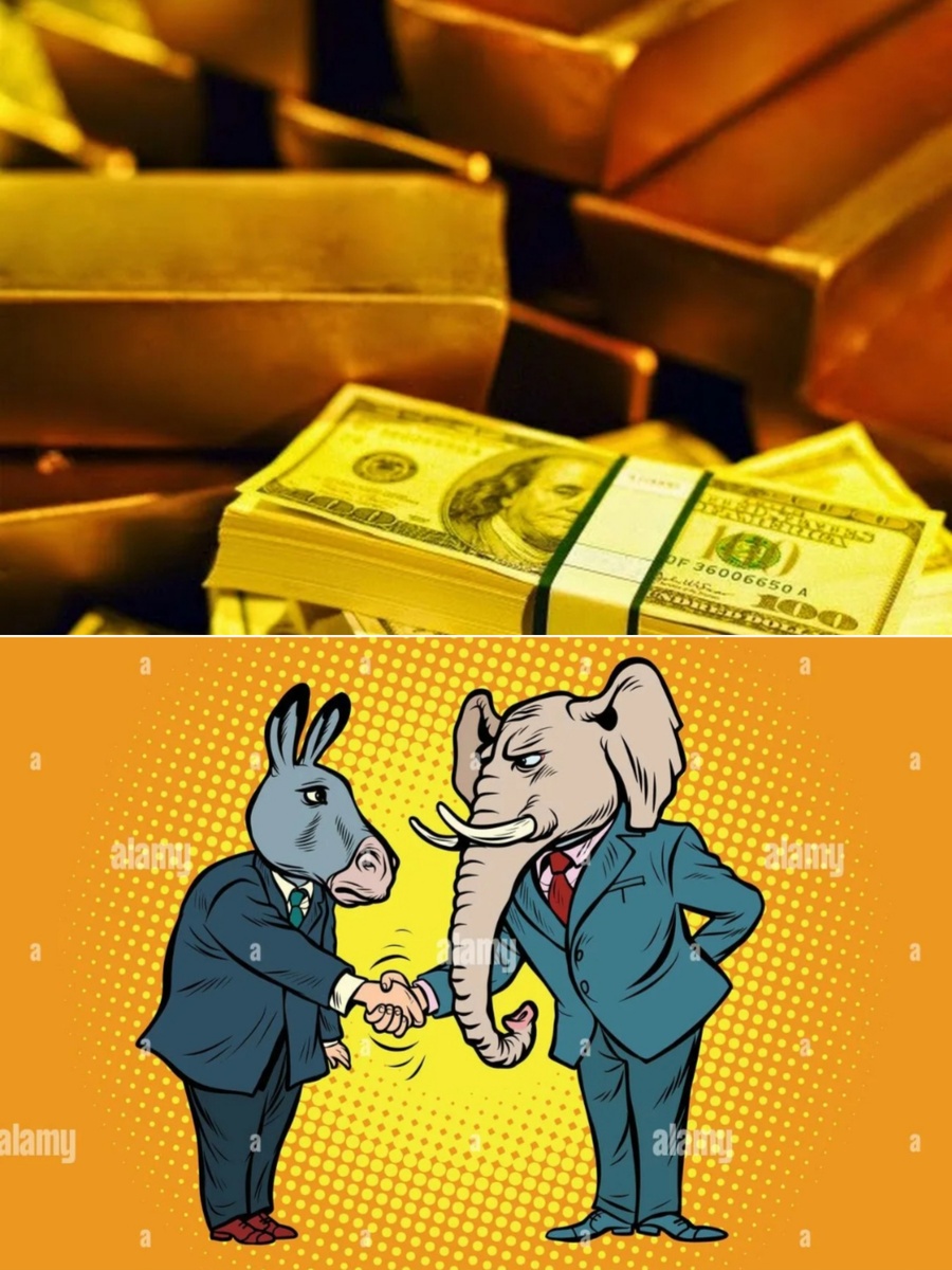 Кандидаты  Демократической партии США ( осёл) и Республиканской ( слон) пожимают друг другу руки , за которыми лежит огромная куча денег, полученная от продажи нефти и газа. 