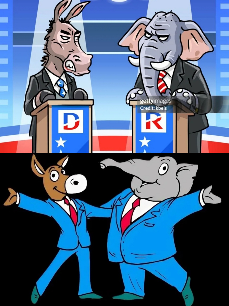  Идут дебаты, где политики кричат друг на друга.   И тут же после дебатов они идут в дорогой ресторан, где уже обнимаются и смеются.  Вверху : Это для камер.  Внизу : Для себя. 