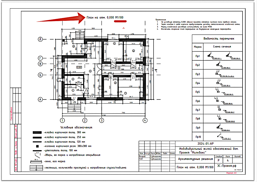 Рис.1 - План этажа на отм. 0.000 масштаб М1:100