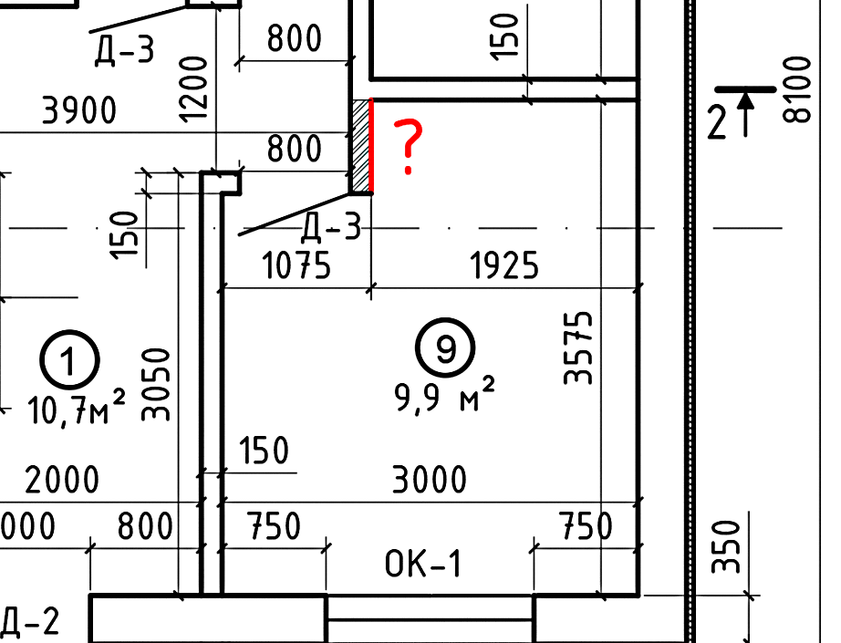 Рис. 2 - Перегородка без размера, выделена красным и заштрихована.