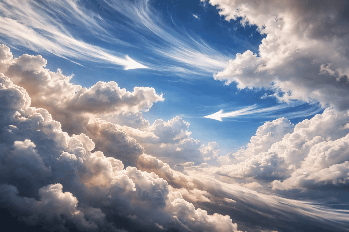    Причина облаков, плывущих в разные стороны, — разные ветры на разных высотах. Это типичное проявление вертикального сдвига ветра.