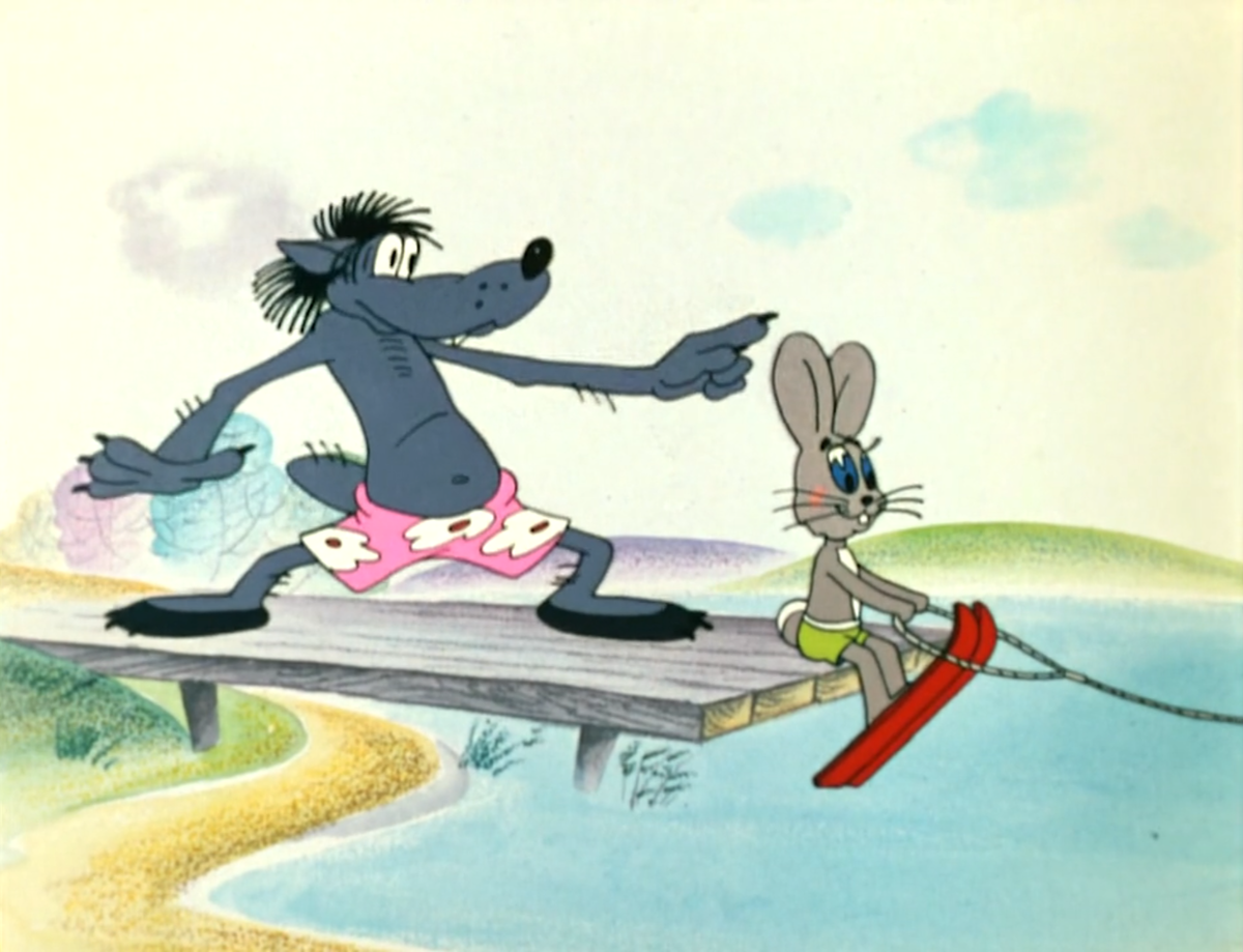 Кадр из мультфильма "Ну, погоди!", 1969 г., режиссер Вячеслав Котёночкин, сценаристы Феликс Камов, Александр Курляндский, Аркадий Хайт, художник-постановщик Светозар Русаков, композиторы Геннадий Гладков, Георгий Гаранян, Александр Зацепин (скриншот) 