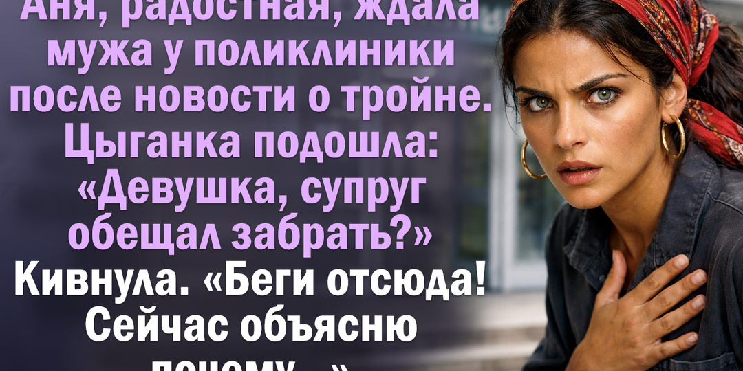 Аня, радостная, ждала мужа у поликлиники после новости о тройне. Цыганка подошла: "Девушка, супруг обещал забрать?". Кивнула. "Беги отсюда!"