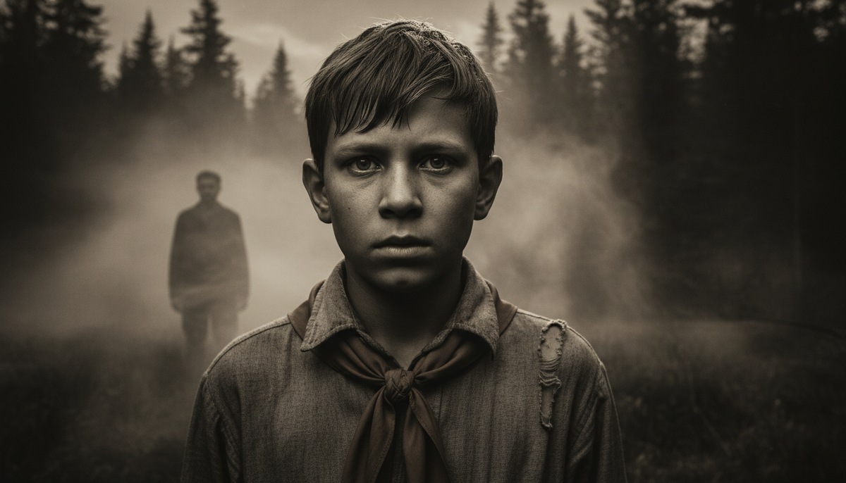  Мальчик-пионер стоит на фоне темного леса, за спиной тень мужчины