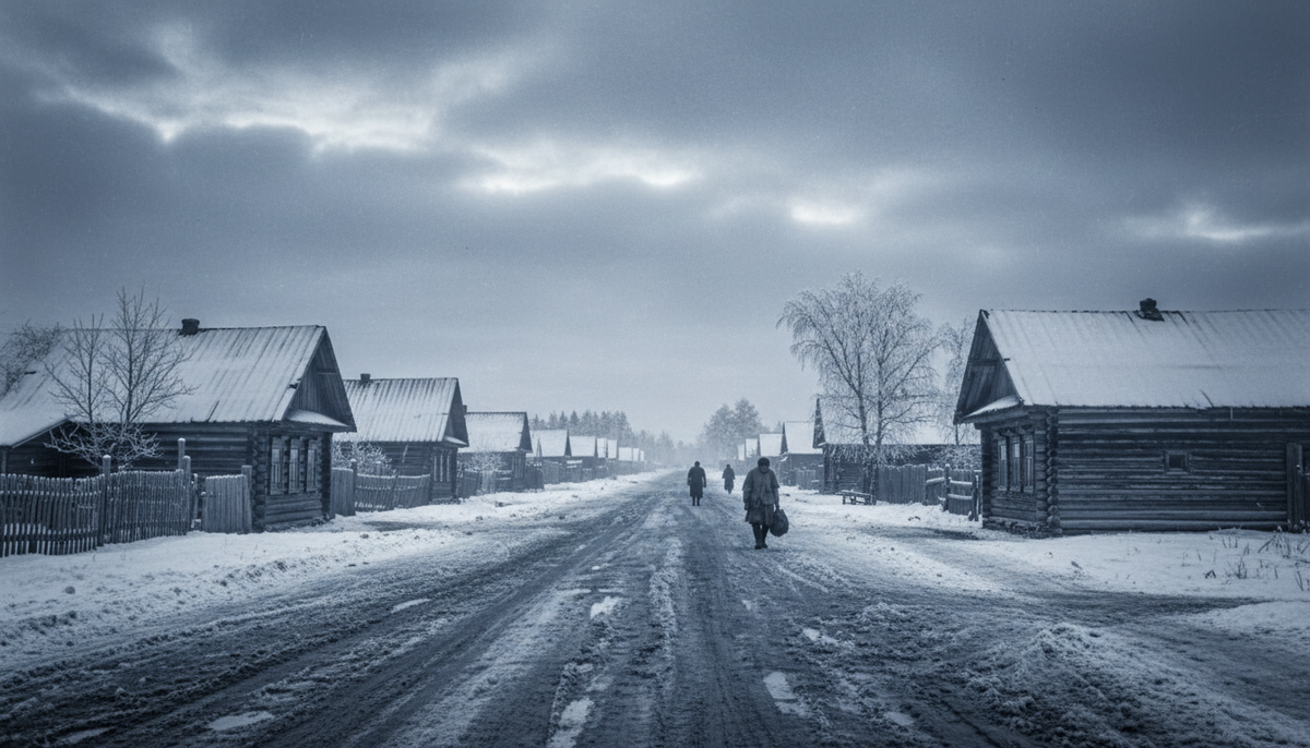Старая деревянная деревня в Сибири, грязь, серое небо, 1932 год