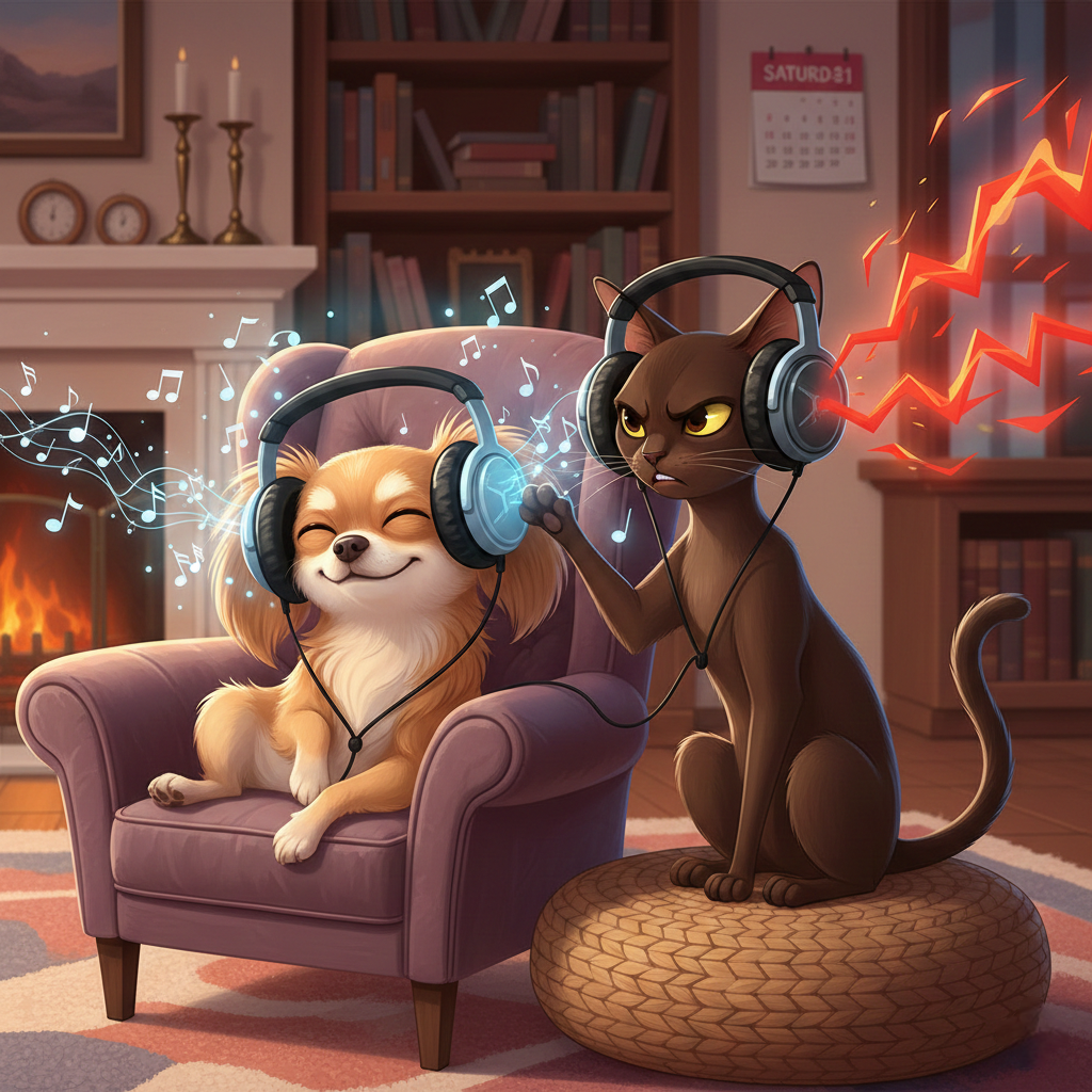 Тихон и Нафаня слушают музыку: один в блаженстве, другой в раздражении. Забавная иллюстрация к статье о том, как наши питомцы на самом деле слышат наш плейлист и почему их вкусы такие разные.