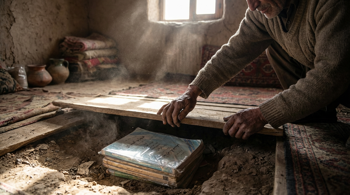 Тайник под полом. Раньше здесь прятали автоматы, теперь — учебники физики. Знания стали опаснее пуль.