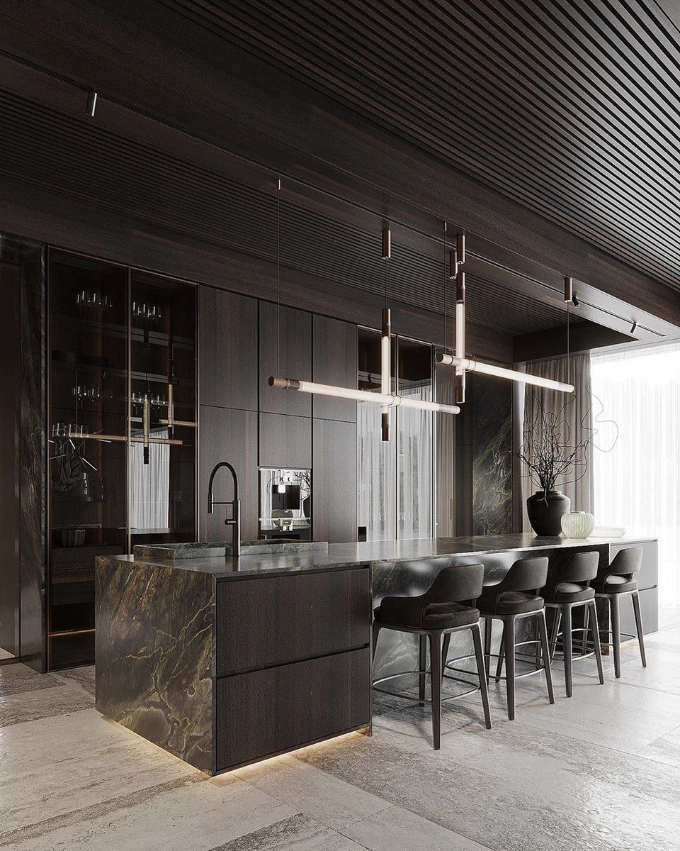 Интерьер кухни с островом в современном стиле.