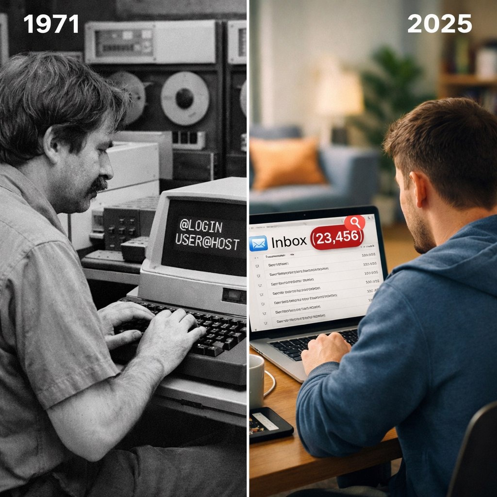 1971: Томлинсон набирает первый email с @. 2025: 4 миллиарда пользователей, 300+ миллиардов писем в день