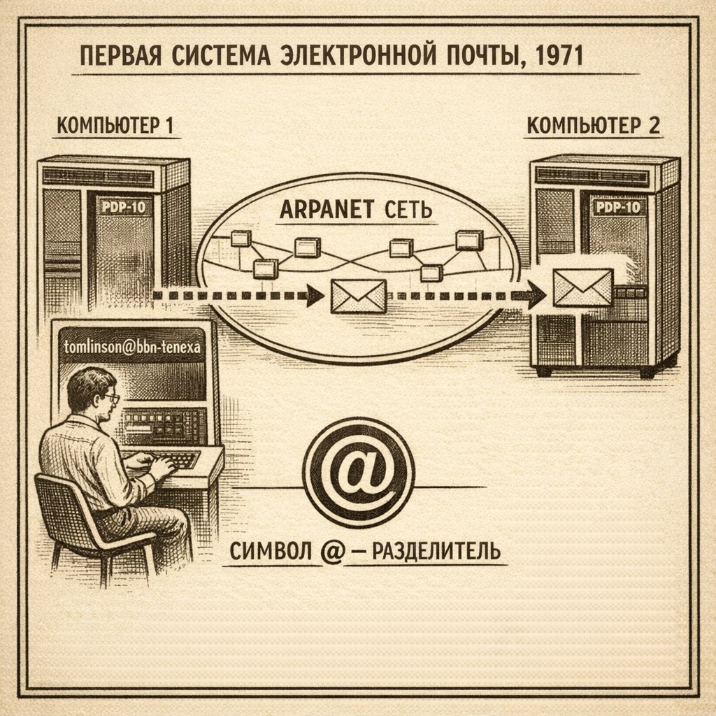 Схема первого email 1971: компьютер → ARPANET → компьютер, формат user@host изобретён