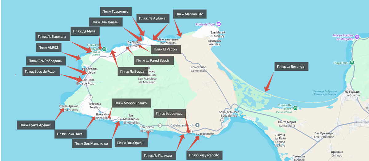 Карта пляжей полуострова Маканао 