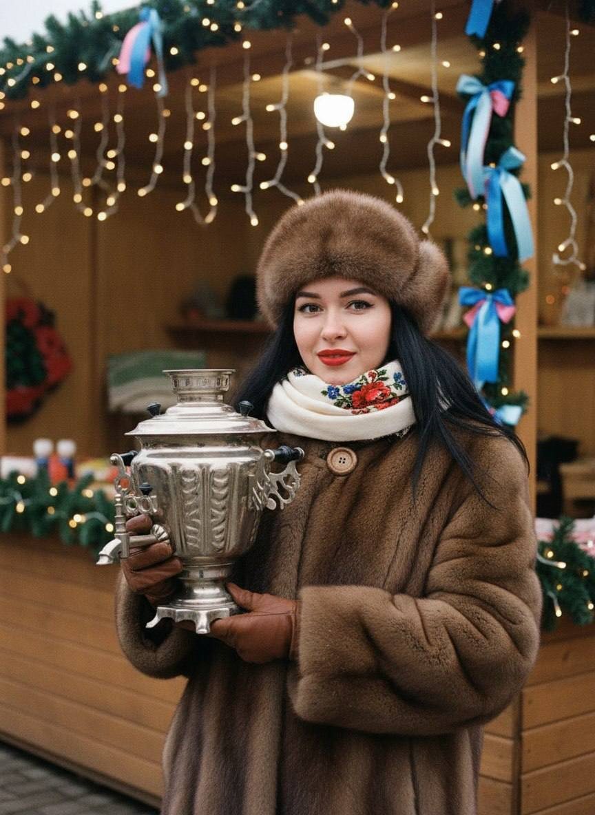 Девушка в шубе с самоваром на новогоднем рынке — www.promtyi.com