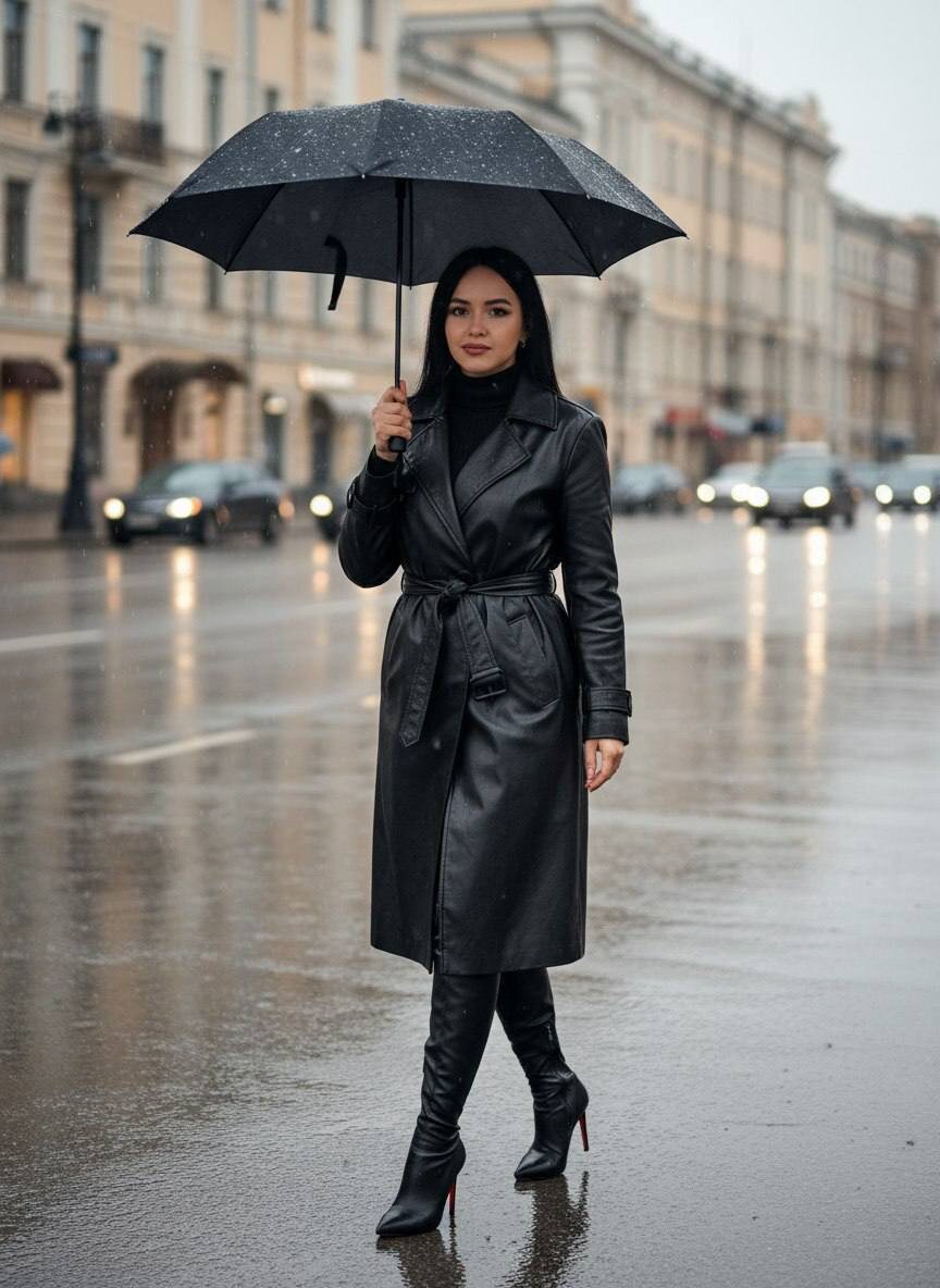 Девушка стоит на улице с зонтом под дождем — www.promtyi.com