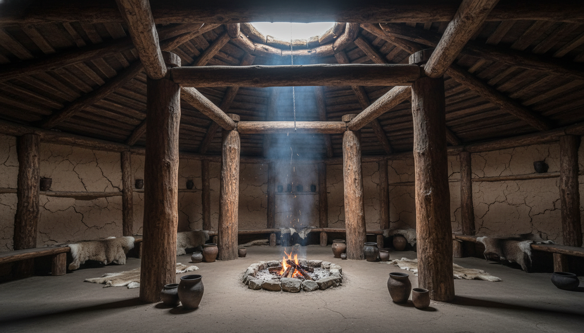 Реконструкция интерьера древнего жилища в Аркаиме: деревянные перекрытия, очаг и глиняная посуда бронзового века