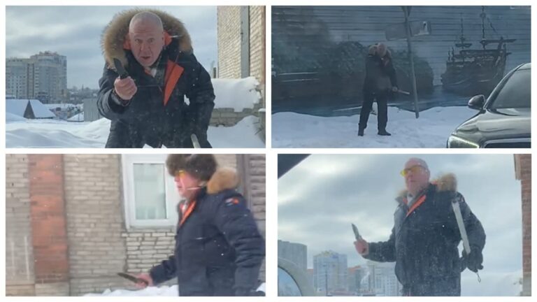 Мужик с большим ножом кидается на проезжающие машины в брянской Бежице