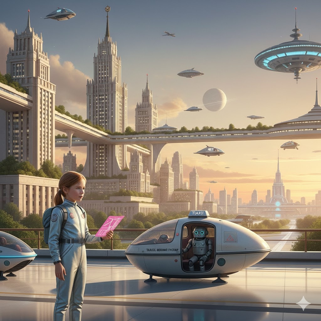 "Прекрасное Далёко: Алиса в Москве будущего", иллюстрация создана сетью Джемини